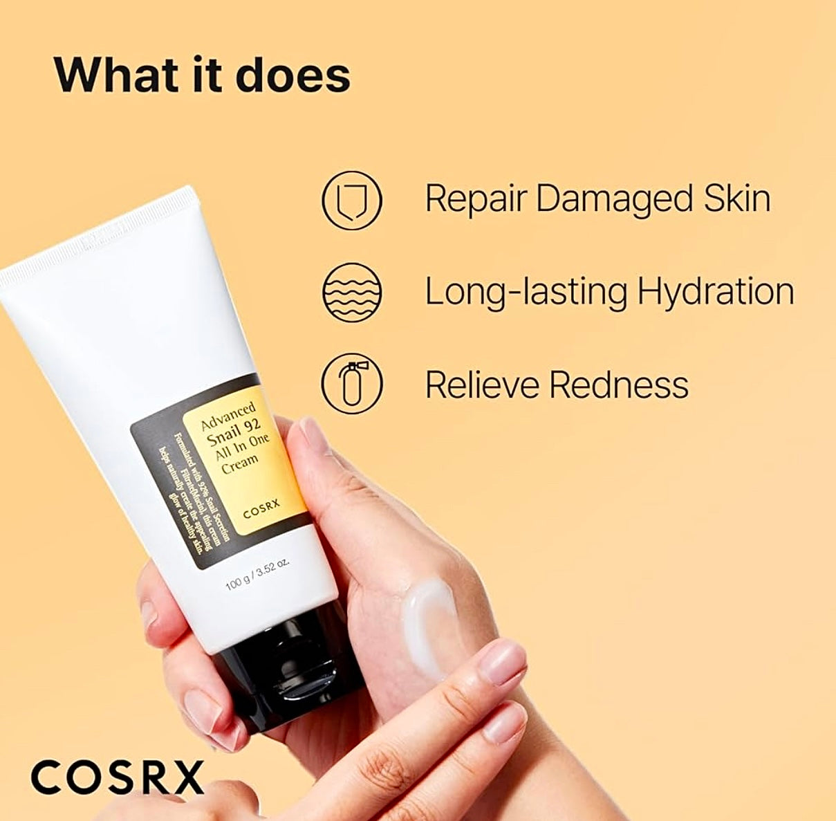 Flat lay of COSRX Snail 92 All-in-One Cream with anti-aging skincare products